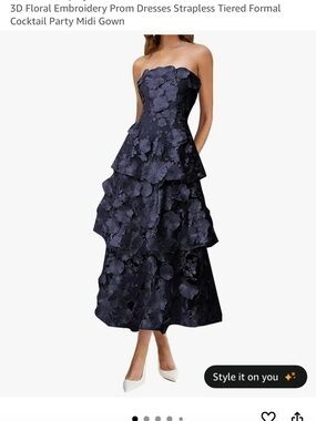 Strapless 3D Floral Tiered Midi Formal Dress - Navy Plus Size 26 NWT